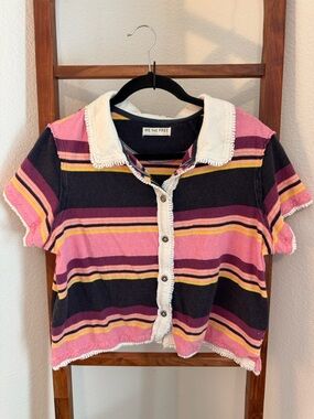 Free People We The Free Sallie Cardi Striped Polo Crop Top Size XL